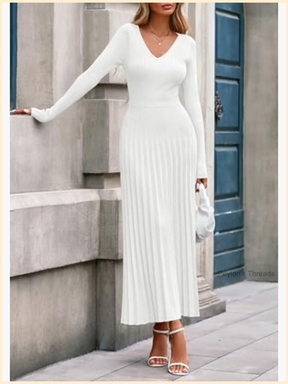 Long Sleeve V-Neck Ribbed Knit Pleated A-Line Maxi Sweater Dress - Picture 6 of 7